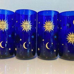 RARE Vintage Libbey Cobalt Blue Celestial Tumblers Sun Moon Stars Glass set of 4
